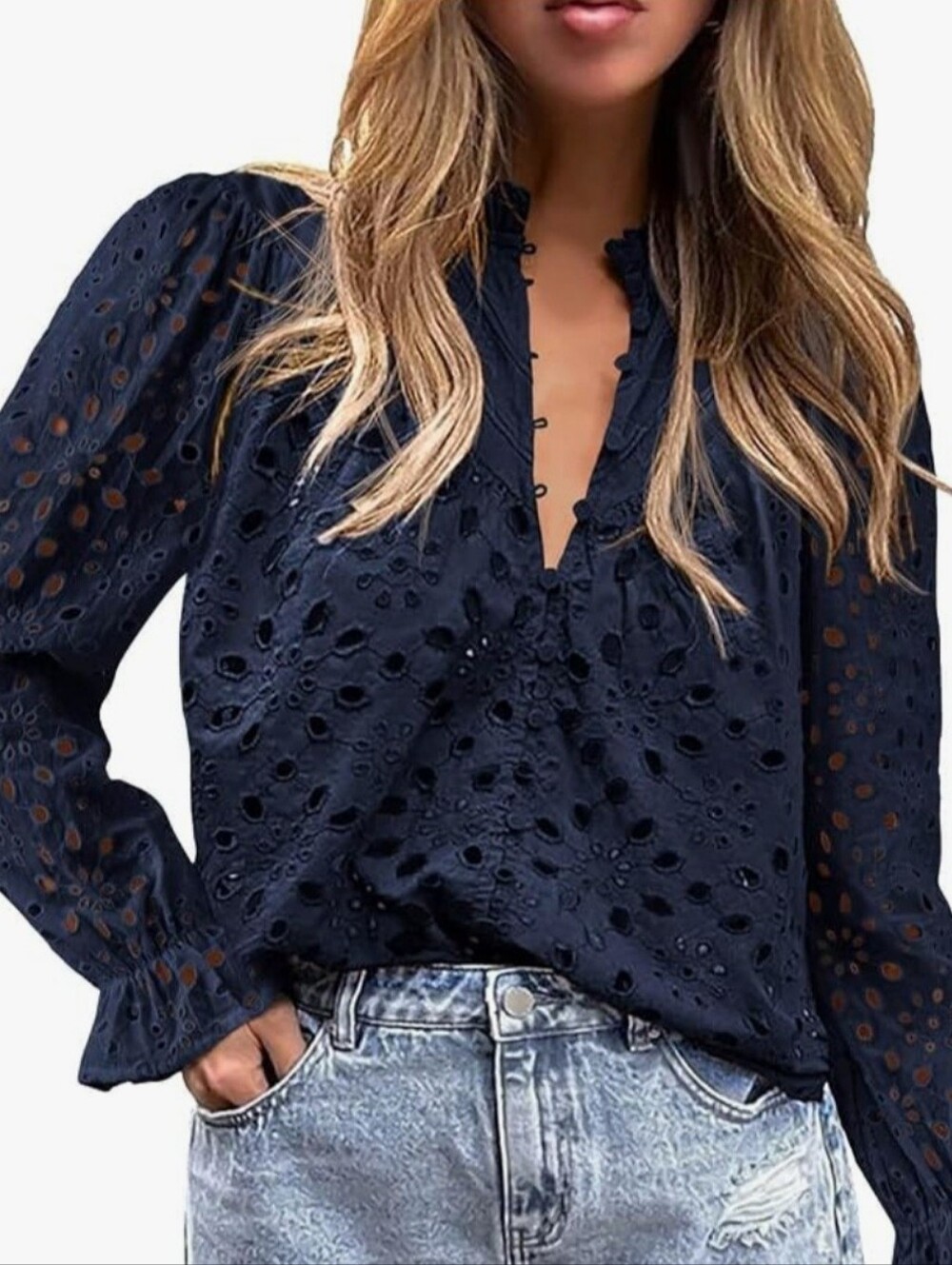 Amazon Navy Eyelet Split-Neck Blouse - Women Tops